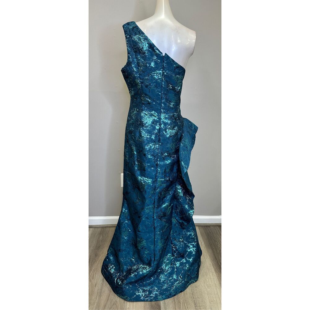 NWT Rickie Freeman Teri Jon Jacquard One Shoulder Side Ruffle Gown Size 14 $810 - Picture 7 of 9